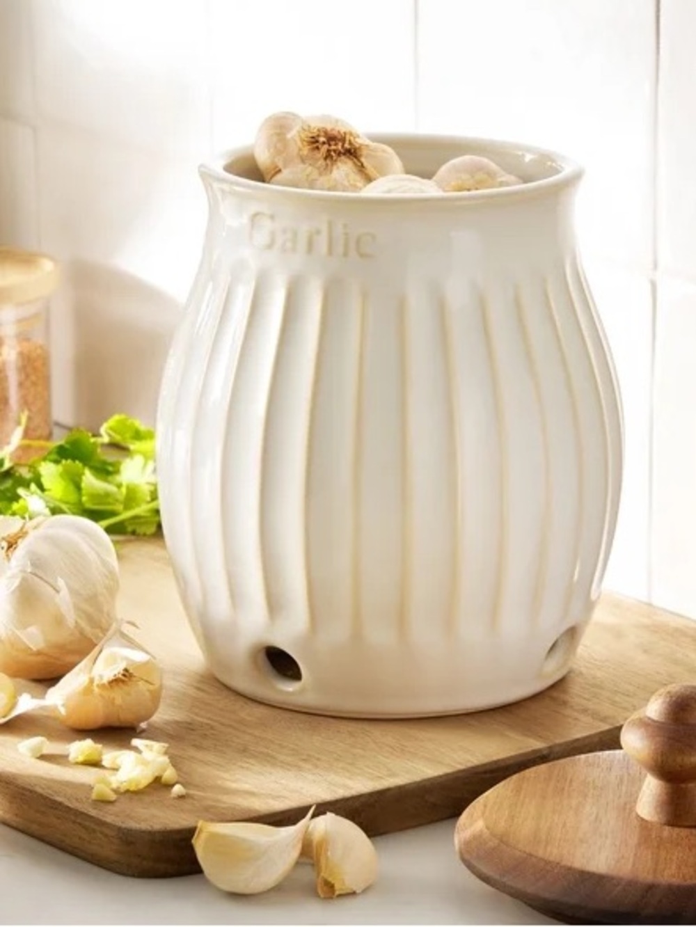 🌸 New Pioneer Woman Colette Garlic Vegetable Keeper Canister White Linen, Qty 1 - Picture 8 of 8